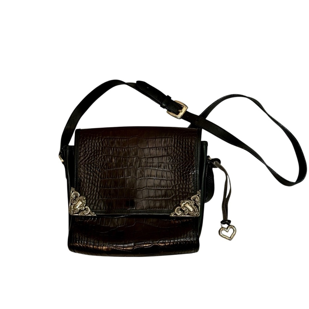 Vintage Brighton Brown Black Leather Alligator Embossed Crossbody Bag Purse